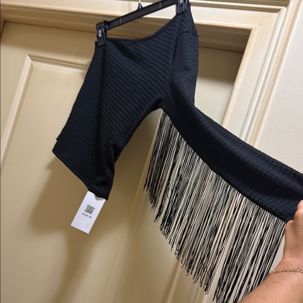 Black Fringe Women’s one-shouldered top
